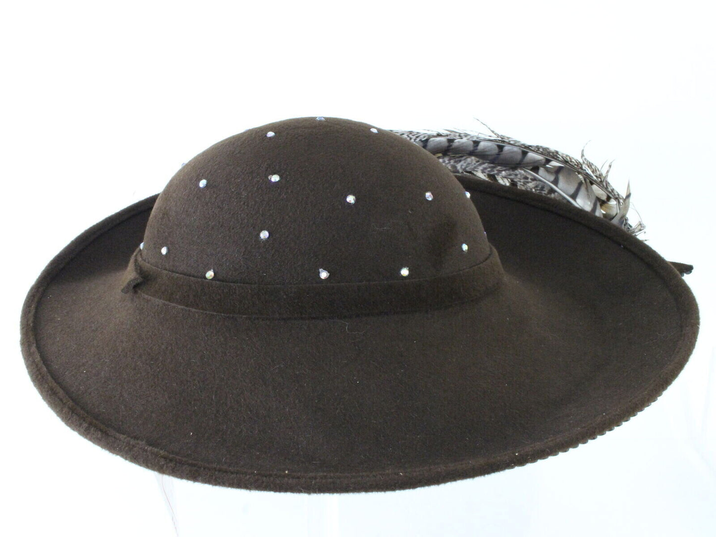 George Zamaul Couture Ladies Cartwheel Brown Felt Hat W/ Rhinestones Feathers