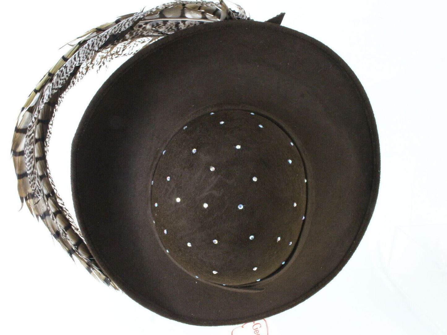 George Zamaul Couture Ladies Cartwheel Brown Felt Hat W/ Rhinestones Feathers