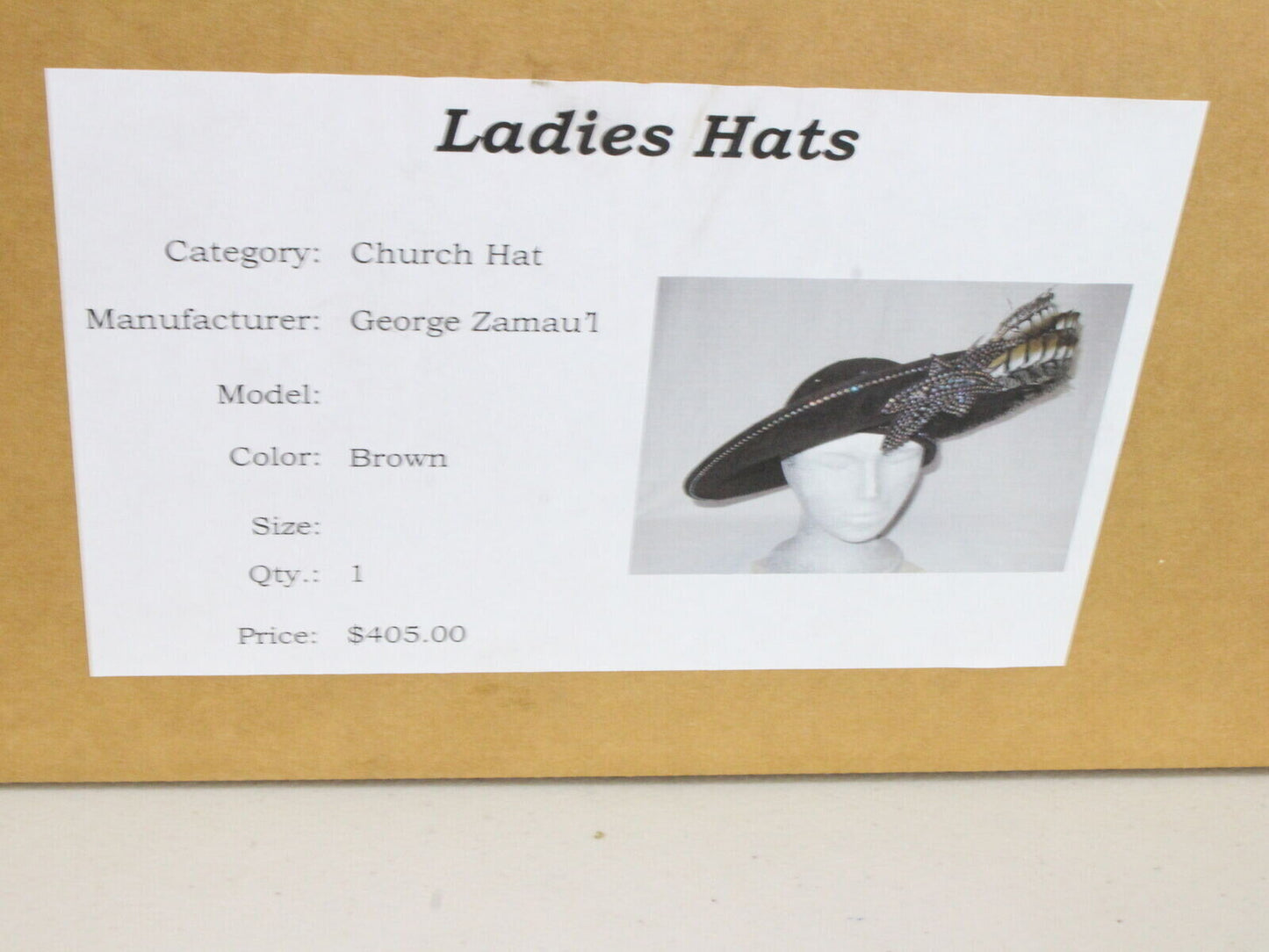 George Zamaul Couture Ladies Cartwheel Brown Felt Hat W/ Rhinestones Feathers