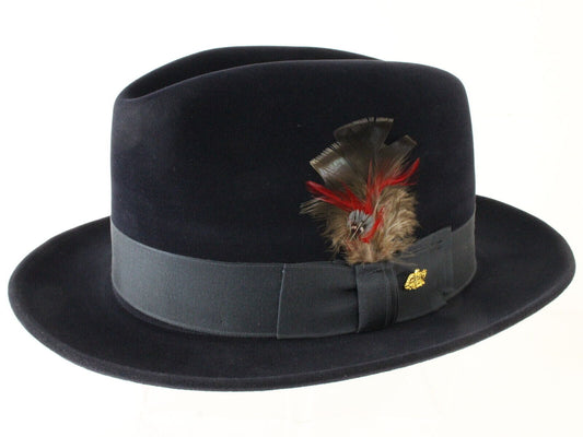 Stetson Men Navy Blue Felt Vintage Fedora W/ Feather MULTIPLE SIZES