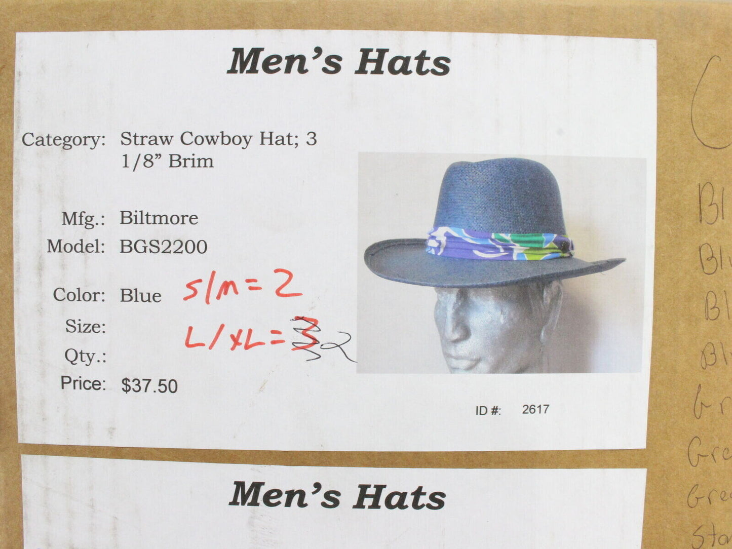 Biltmore Mens Como Blue Straw Western Hat W/ Blue And White Band S/M