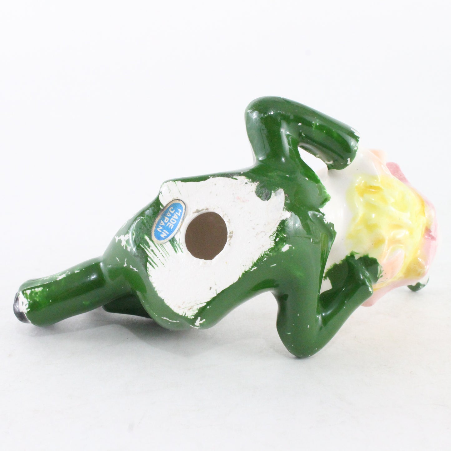 Vintage Norcrest Ceramic Pixie Elf In Green W/ Pink Flower On Head Made In Japan