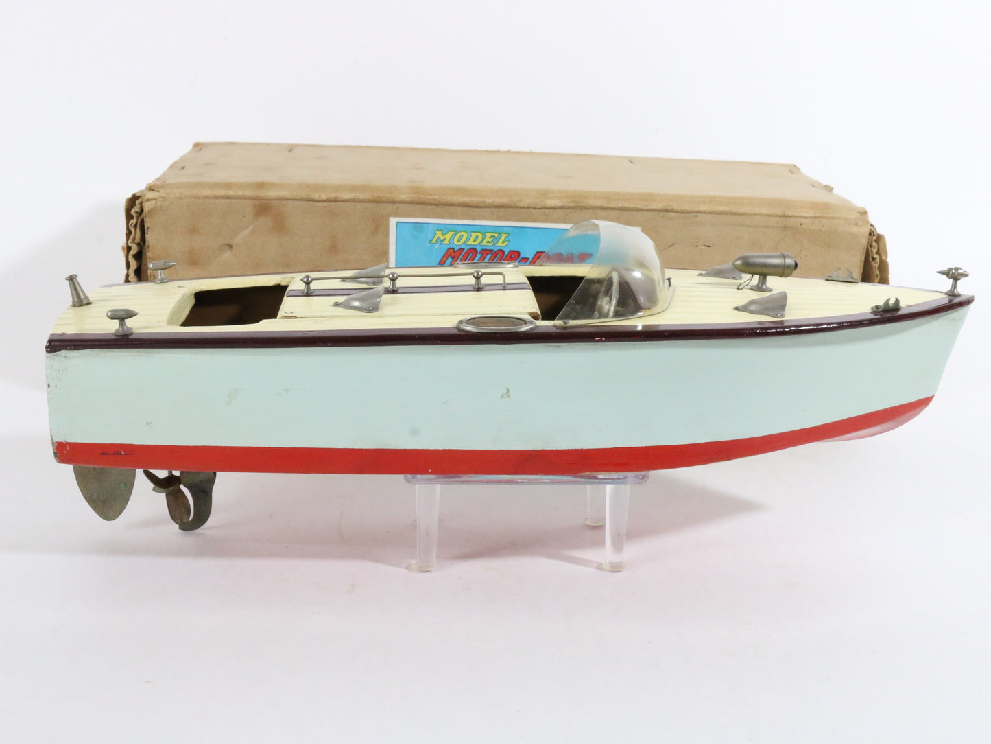 Vintage Blue Red & Yellow Wooden Battery Pleasure Speed Boat Japan 13��� & BOX