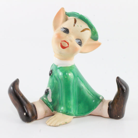 Vintage Pixie Elf Seated In Green Dress W/ Green Hat Ceramic Japan 3.25 In