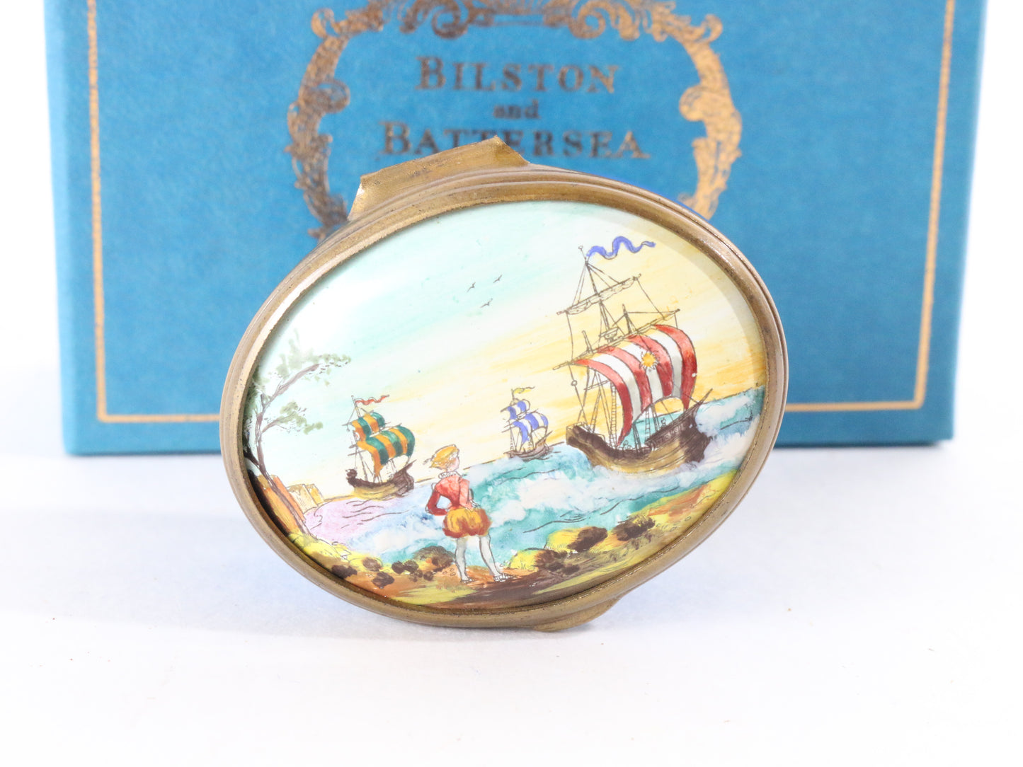 1972 Halcyon Days Christmas Battersea Enamel Oval Box 3 Ships Sailing LOW #11