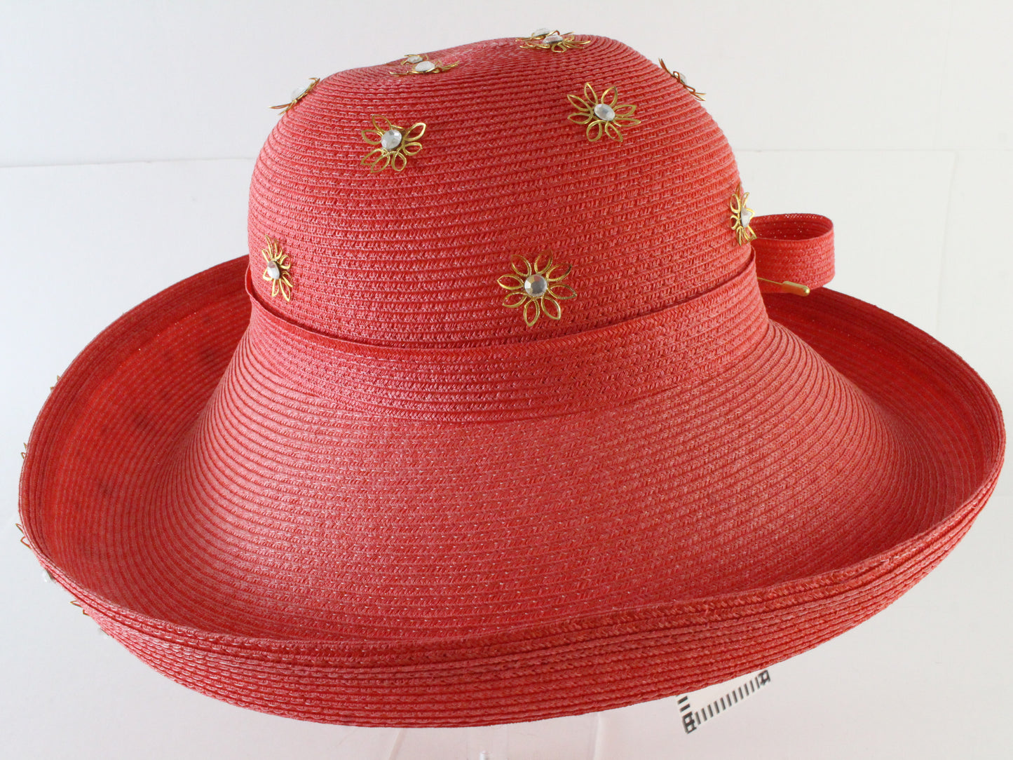 Tim Crawford Ladies Red Boutique Hat W/ Gold Flowers and Rhinestones 6 7/8 55cm