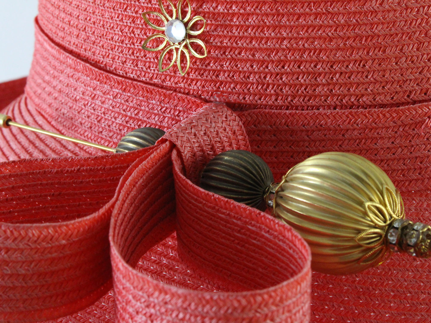 Tim Crawford Ladies Red Boutique Hat W/ Gold Flowers and Rhinestones 6 7/8 55cm