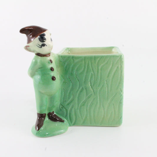 Vintage Elf Pixie In Green W/ Brown Cap Planter Box Ceramic 3 In