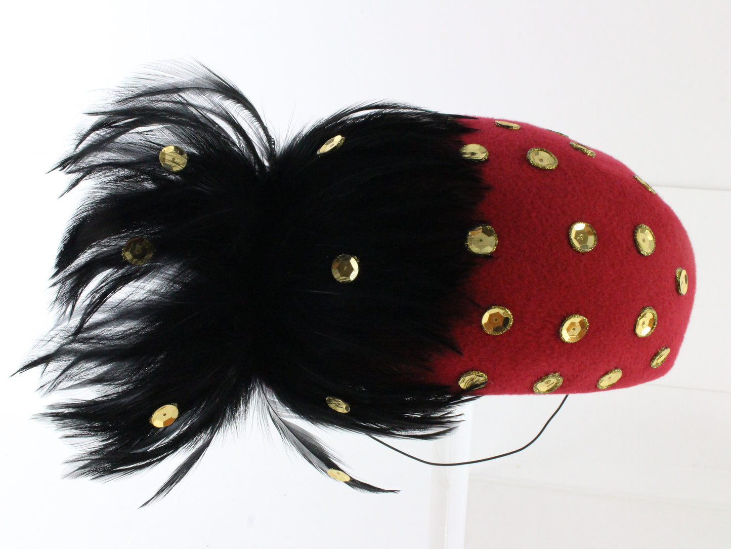 Sonni of California Ladies Fancy Red Felt Hat W/ Black Feathers 7 1/8 57cm