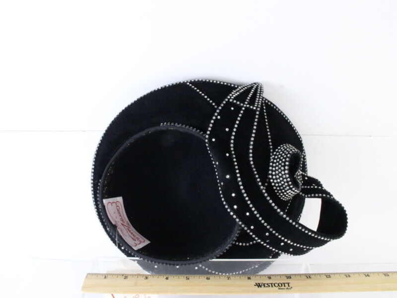 George Zamaul Couture Ladies Black Felt Boutique Hat W/ Rhinestones 7 56cm