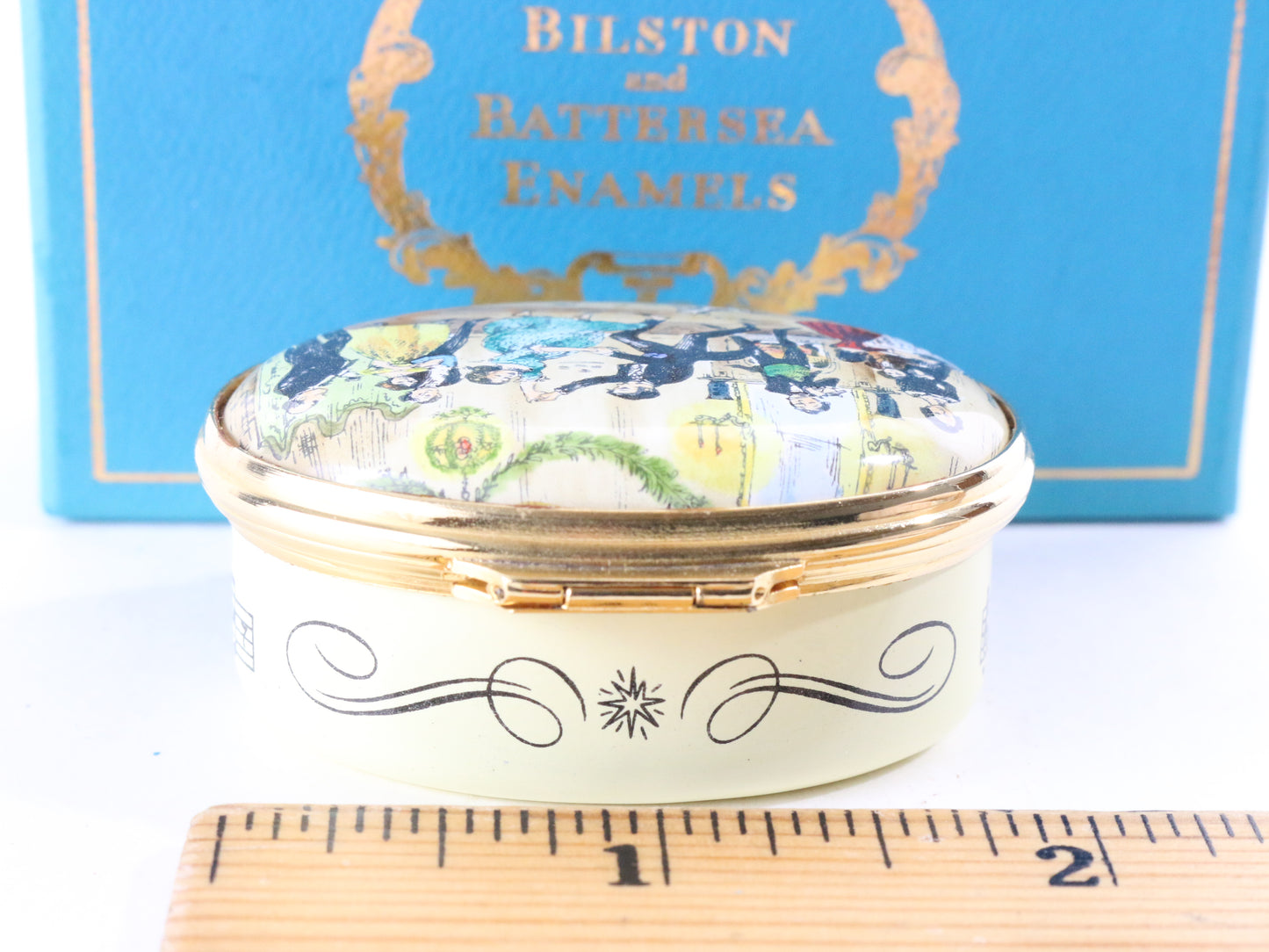 Bilston & Battersea Enamel Box Halcyon Days Christmas Polka Party 1976