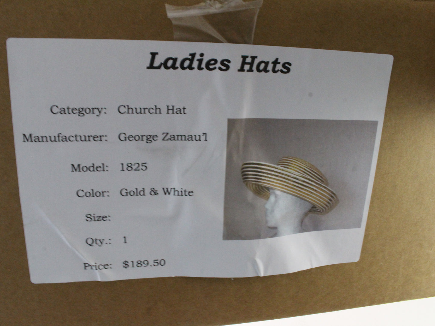 George Zamaul Couture Ladies Gold and White Pattern Hat 7 1/8 57cm