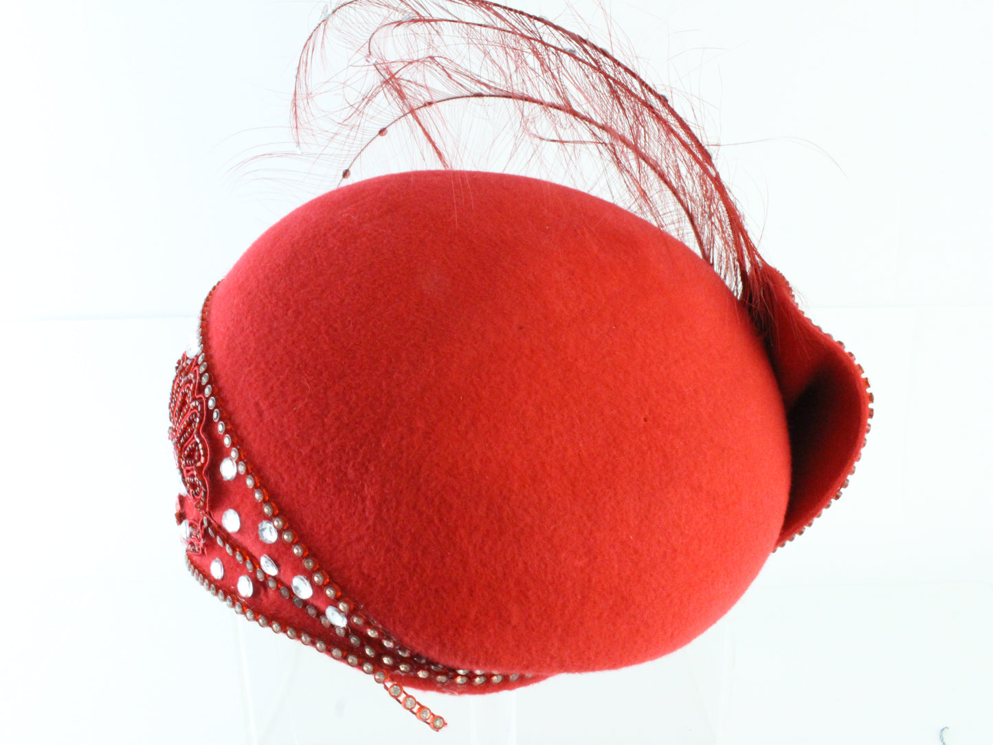 George Zamaul Ladies Boutique Red Felt Hat W/ Rhinestones 6 7/8 55cm