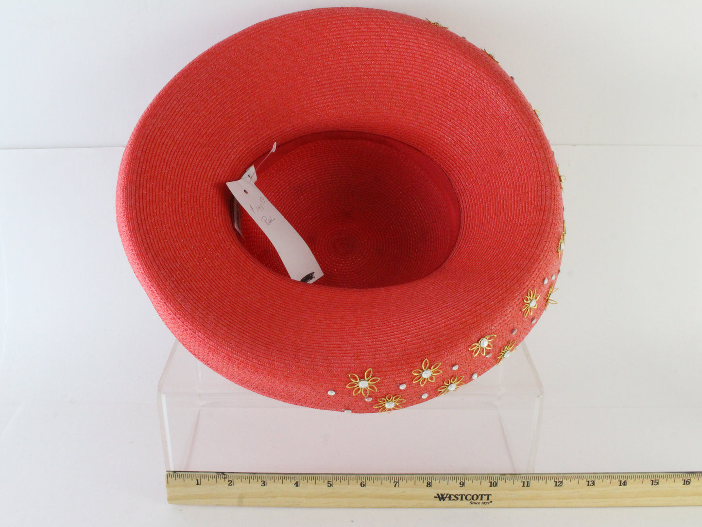 Tim Crawford Ladies Red Boutique Hat W/ Gold Flowers and Rhinestones 6 7/8 55cm