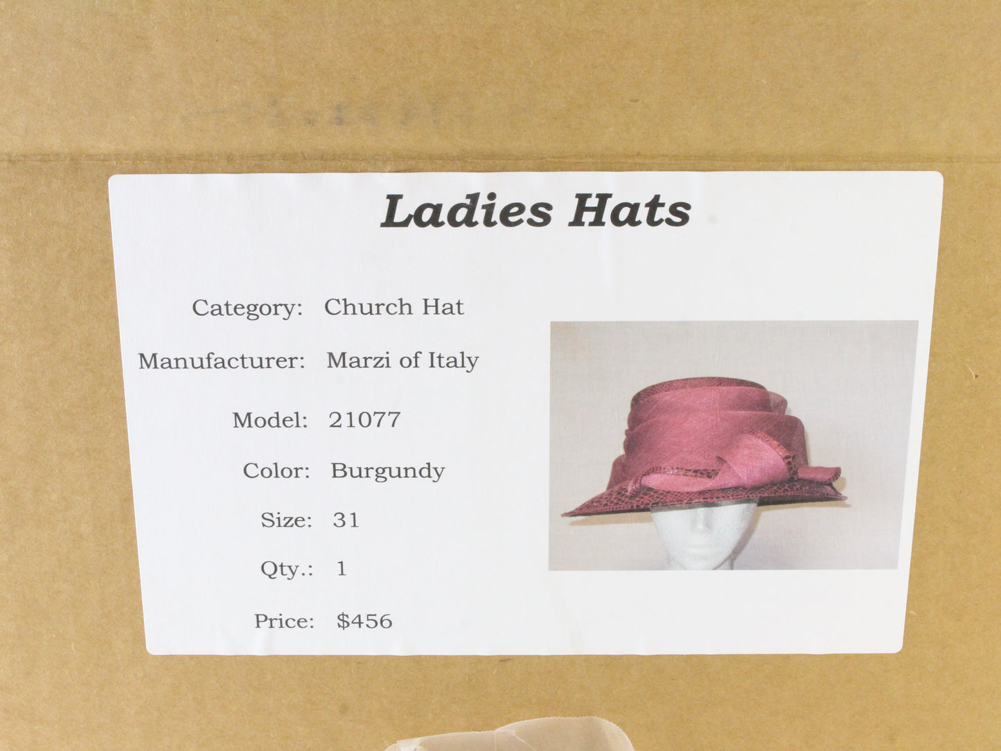 Marzi Of Italy Ladies Burgundy Natural Straw Hat W/ Ribbon 7 56cm