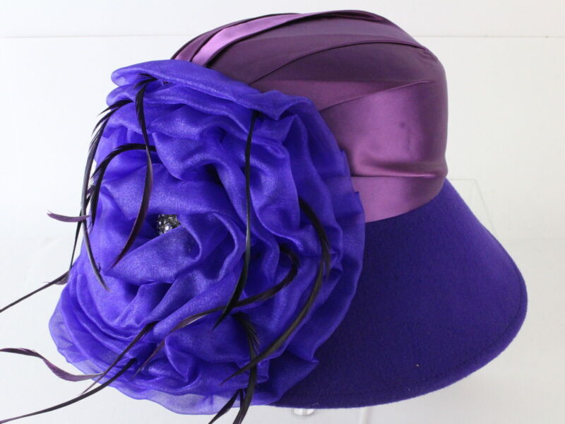 Whittall And Shon Ladies Purple Boutique Wool Felt Hat W/ Flower And Feathers