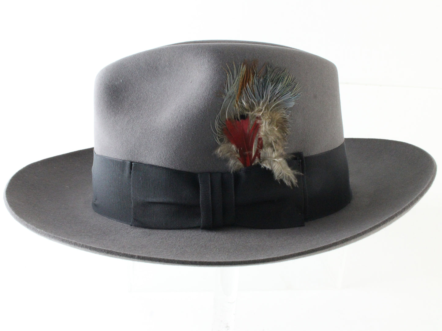 Stetson Mens Caribou Gray Felt Fedora W/ Brown and Red Feathers 6 3/4 54cm