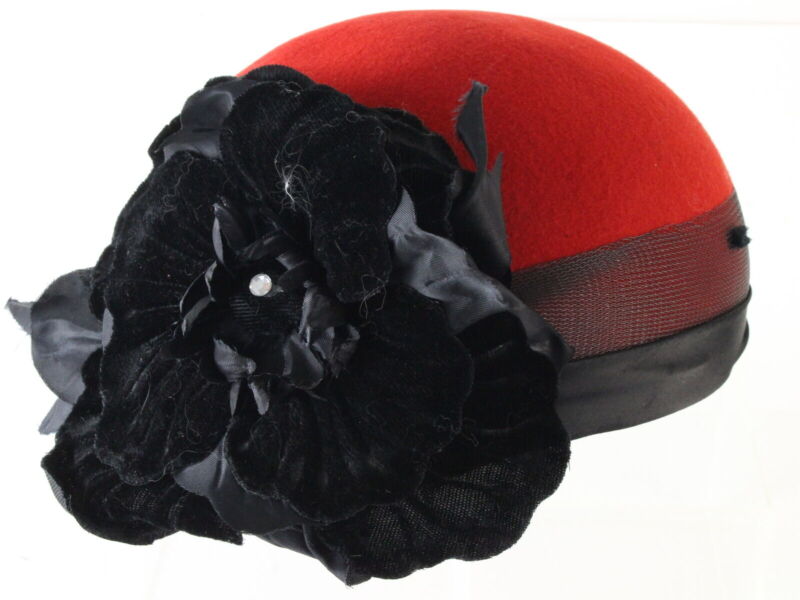 Joe Bill Miller Ladies Boutique Red Wool Felt Hat W/ Black Flower 7 3/8 59cm