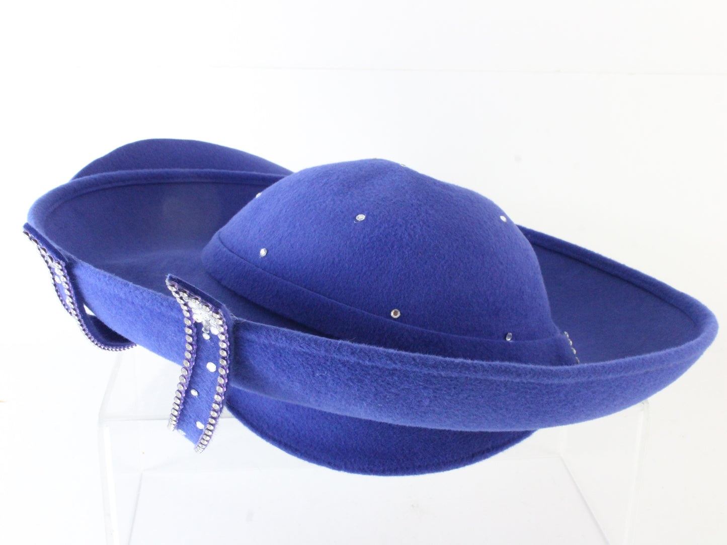 George Zamaul Couture Ladies Royal Blue Felt Hat W/ Rhinestones 7 1/8 57cm