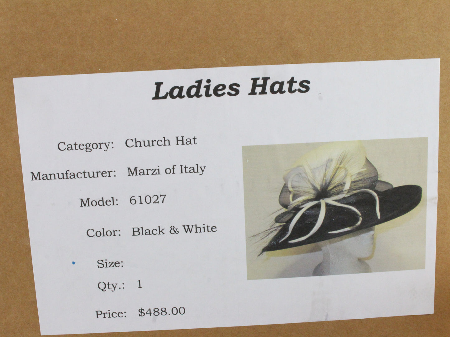 Marzi Italy Black & White Ladies Boutique Hat Felt 7 1/8 57cm