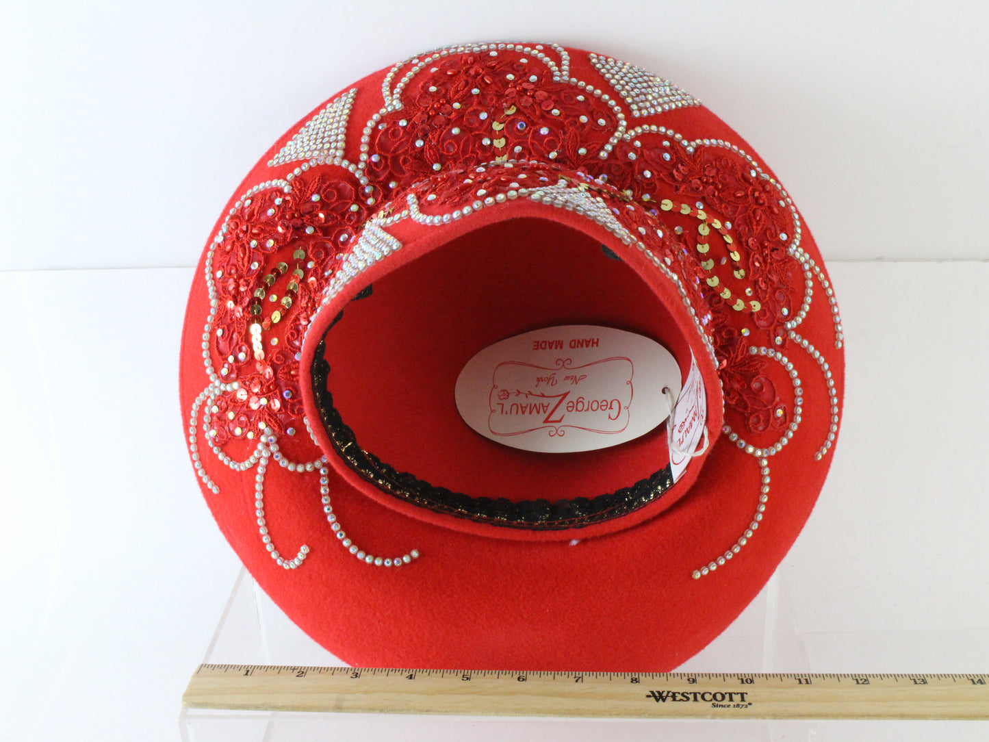 George Zamaul New York Ladies Fancy Asymmetrical Red Felt Hat W/ Sequins 7 56cm