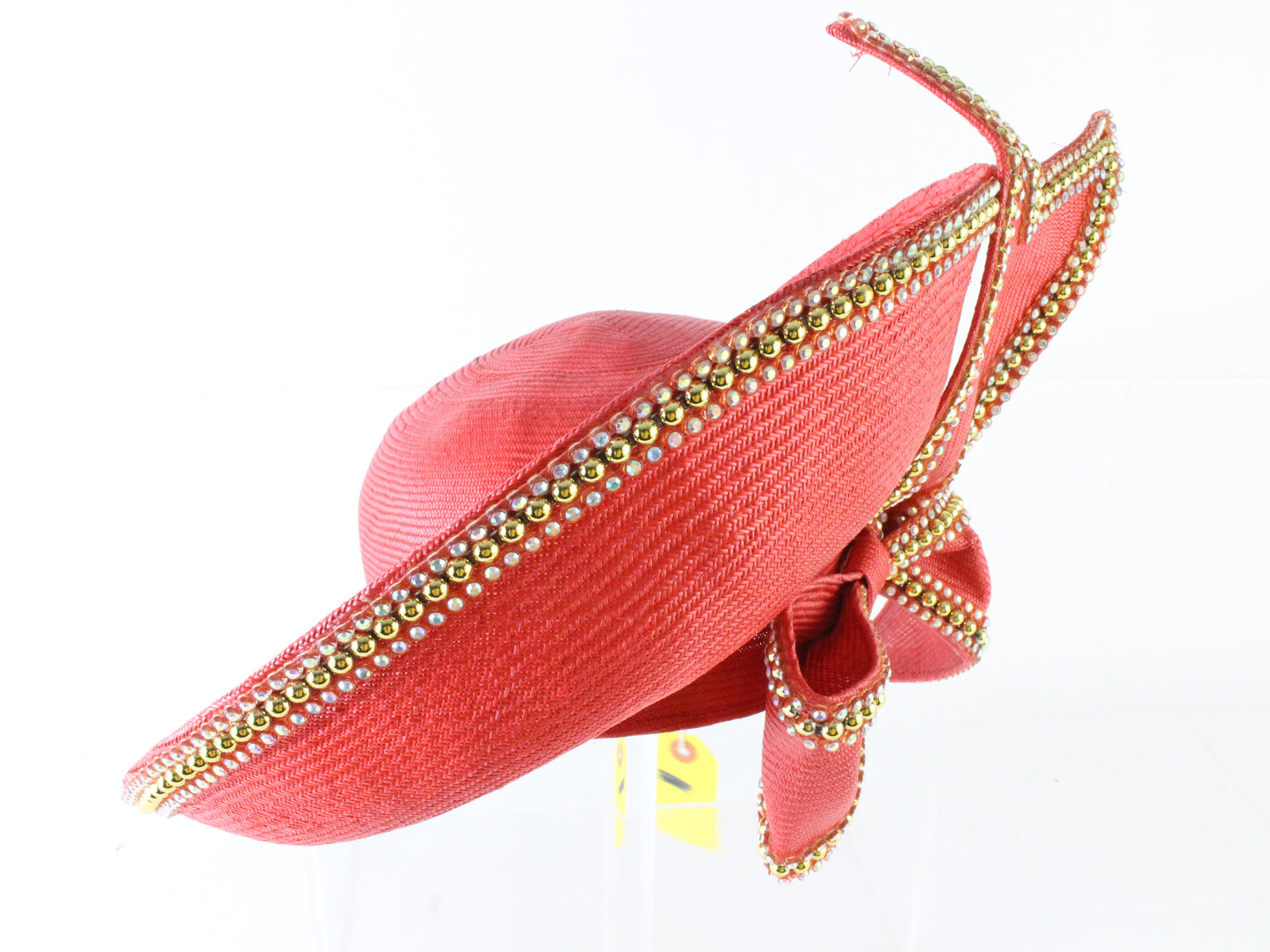 Jack Mcconnell New York Ladies Red Straw Hat W/ Rhinestones 7 1/8 57cm