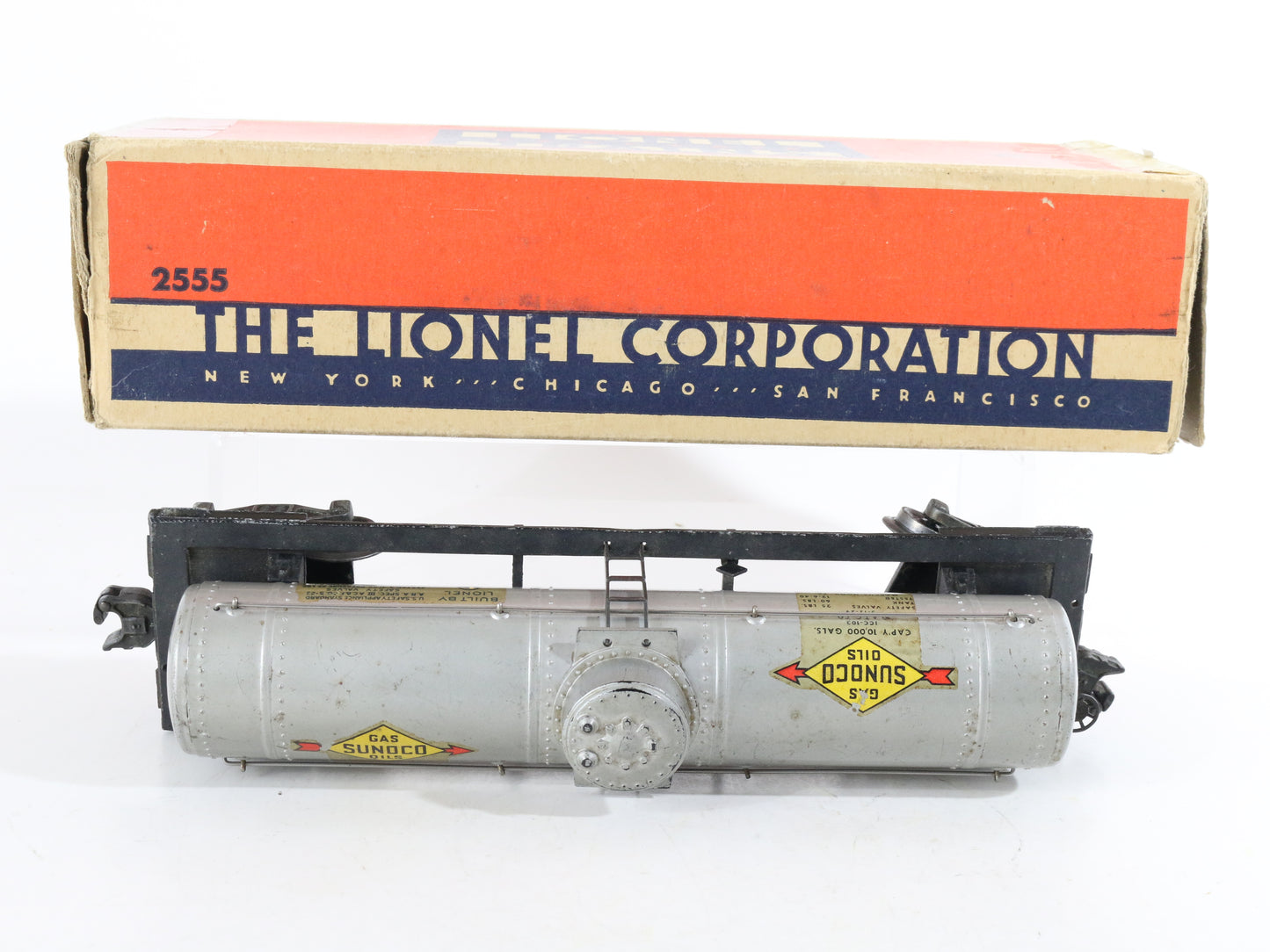 Lionel O Postwar 2555 Sunoco Oils Silver Single Dome Tank Car Flying Shoe