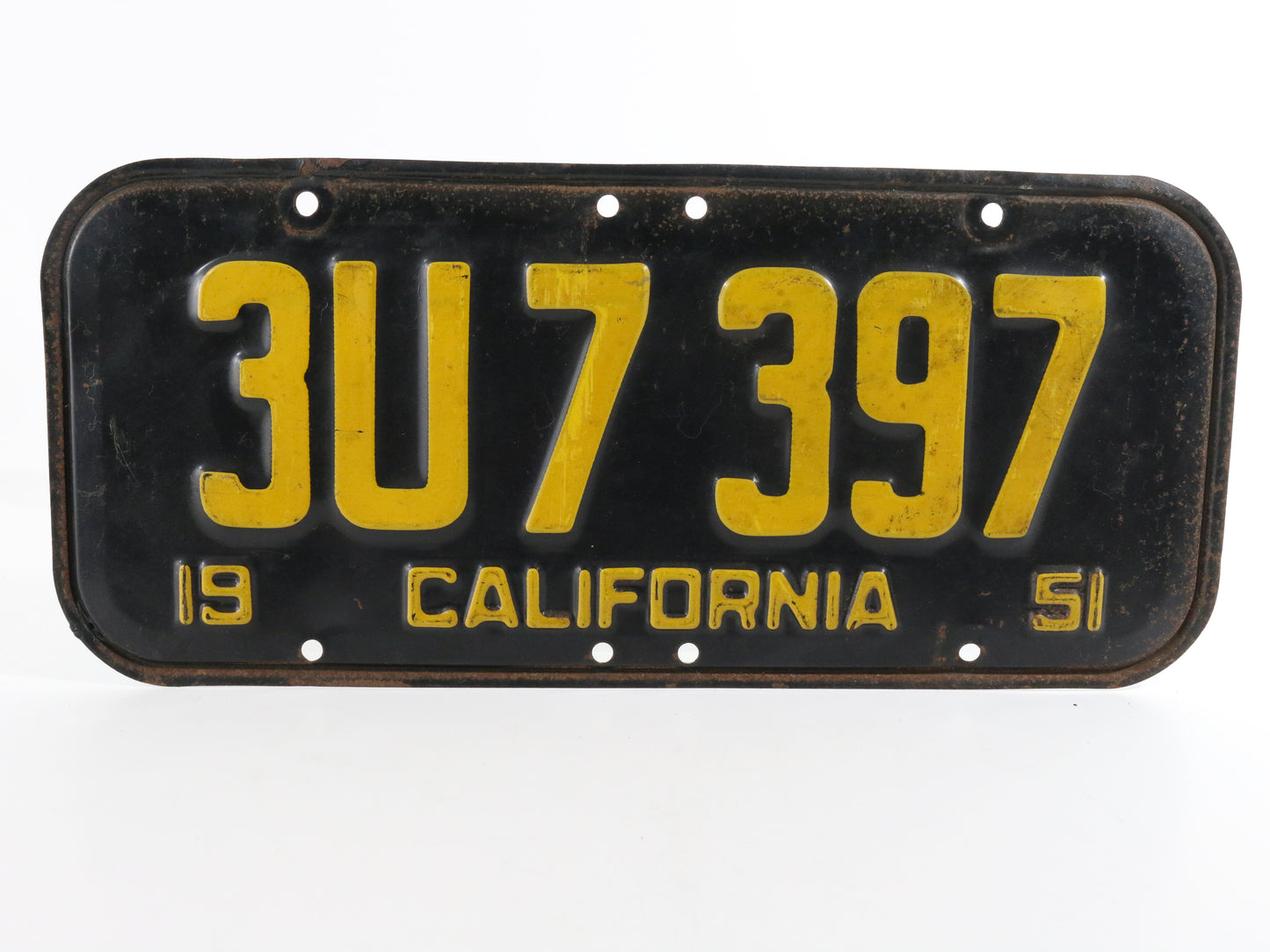 1951 California License Plate 3U7397 Vintage 6 digit Original Black & Yellow