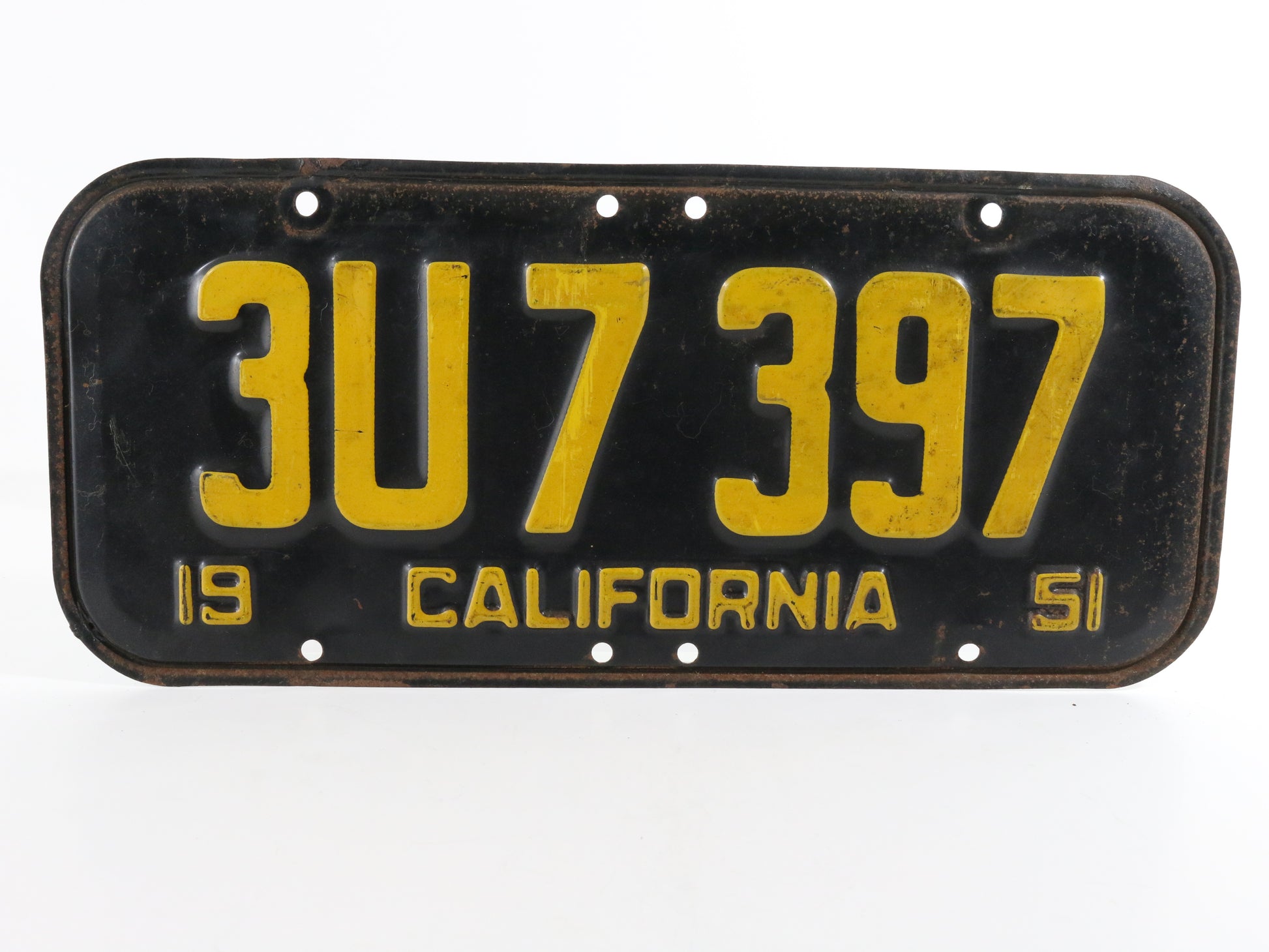 1951 California License Plate 3U7397 Vintage 6 digit Original Black & Yellow