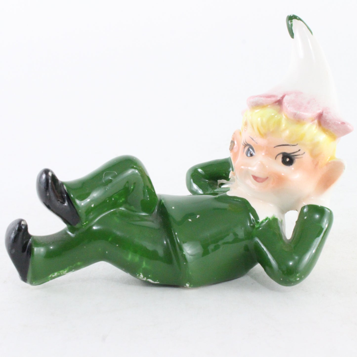 Vintage Norcrest Ceramic Pixie Elf In Green W/ Pink Flower On Head Made In Japan