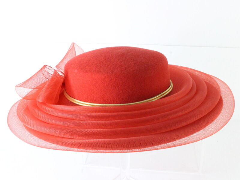 Sonni Of California Ladies Boutique Red Wool Felt CARTWHEEL Hat Bow 6 7/8 54cm