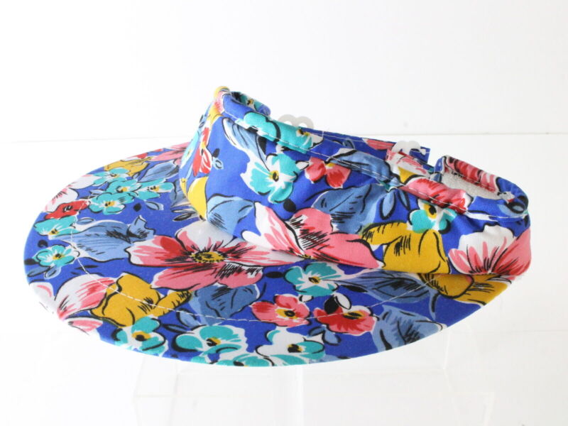 The Field Co Ladies Blue Cotton Sun Visor W/ Red And Yellow Flowers One Size