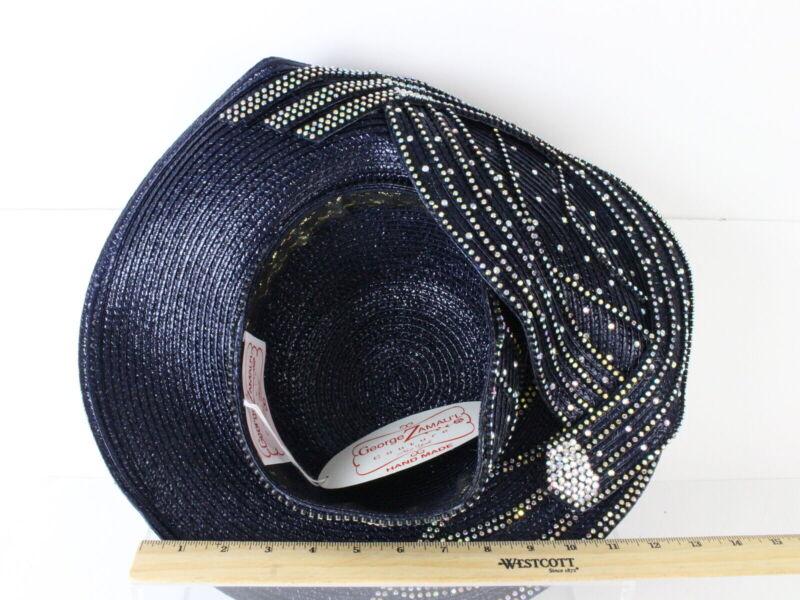 George Zamaul Ladies Boutique Navy Blue STATEMENT Hat W/ Rhinestones 7 1/8 57cm