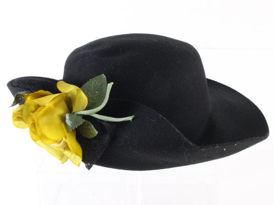 Miss Bierner Ladies Elegant Black Wool Felt Hat W/ Yellow Flower 7 1/4 58cm