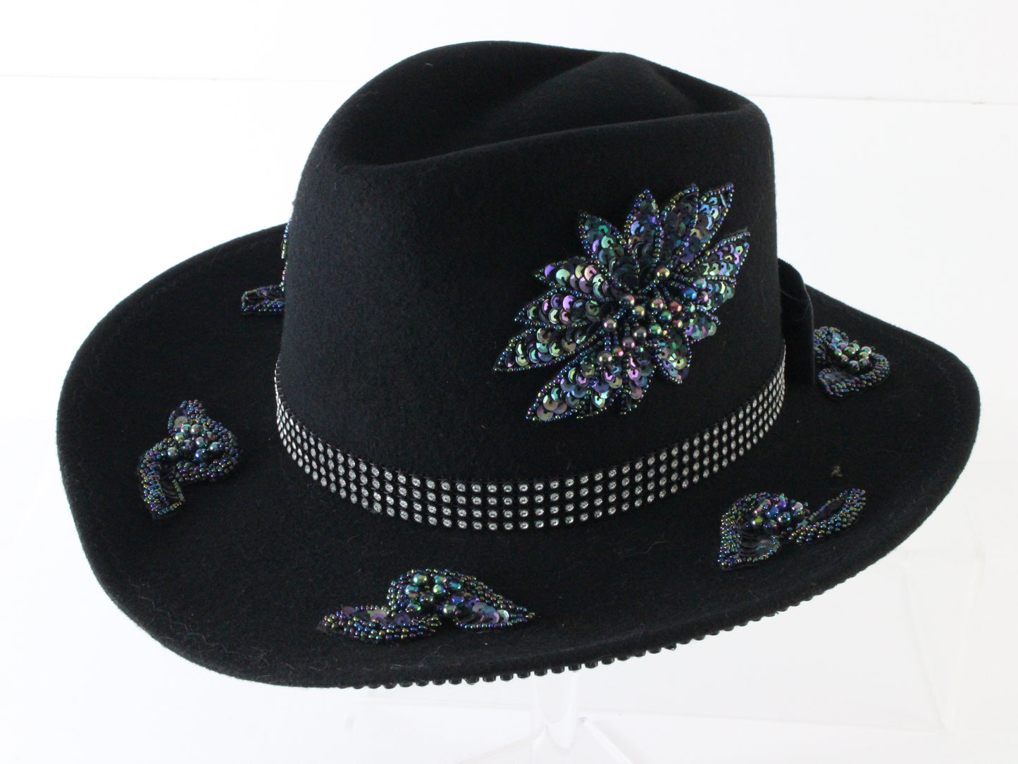 Joe Bill Miller Ladies Fancy Black Wool Felt Hat W/ Sequins 7 56cm