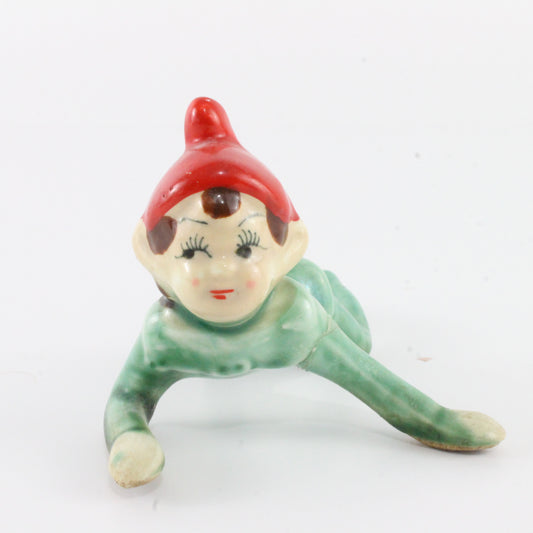 Vintage Green Suit W/ Red Hat Crawling Ceramic Pixie Japan 5 In