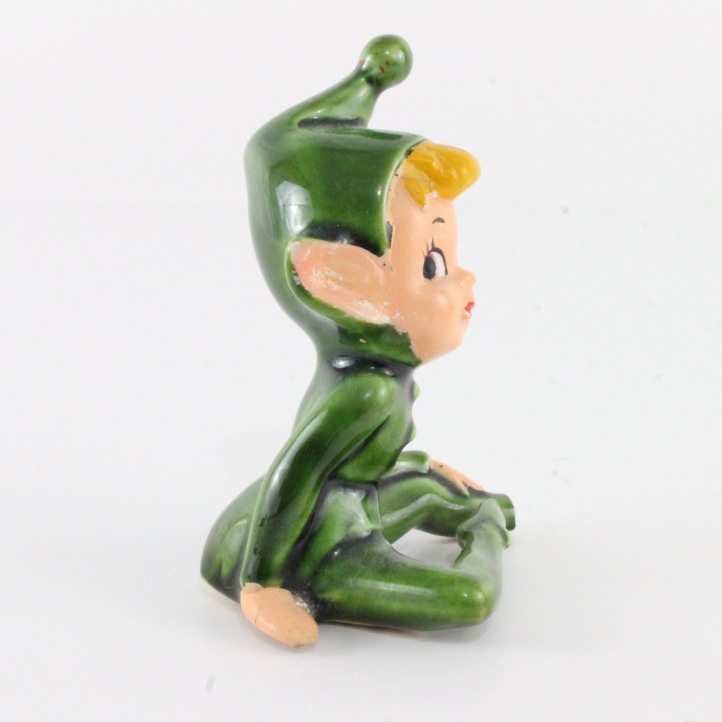 Vintage Ceramic Pixie In Green Elf Suit W/ Hat Sitting Cross Leg Japan 3.25 In