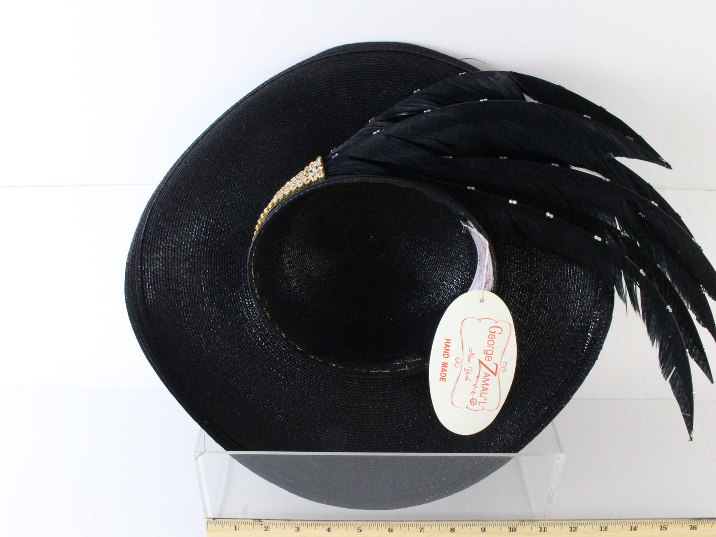 George Zamaul New York Ladies Black Straw Hat W/ Rhinestones 7 1/8 57cm