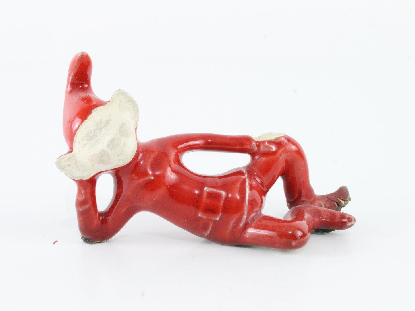 Vintage Red Suit Pixie Elf Reclining On Green Log Planter Ceramic 7 In