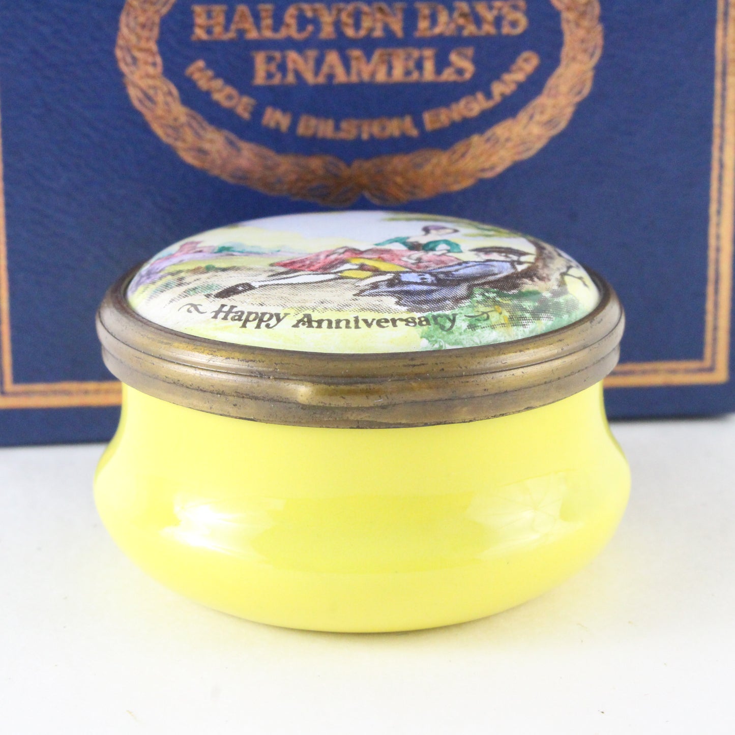 Vintage Halcyon Days Bilston & Battersea Enamel Box With Happy Anniversary