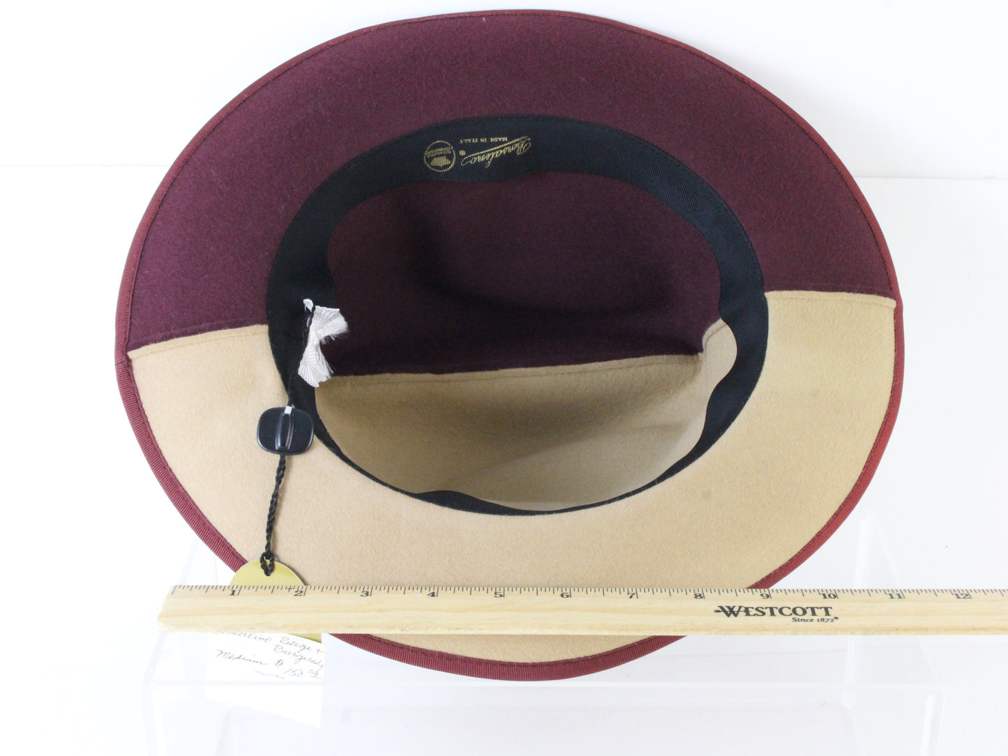 Borsalino Italian Fancy Boutique Ladies Beige Burgundy 2 Tone Felt Hat Size: M