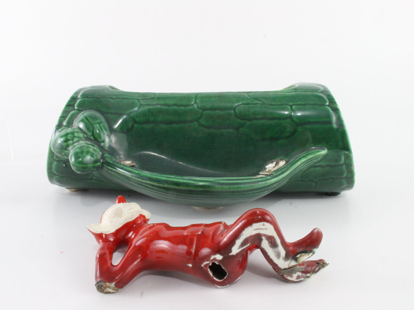 Vintage Red Suit Pixie Elf Reclining On Green Log Planter Ceramic 7 In