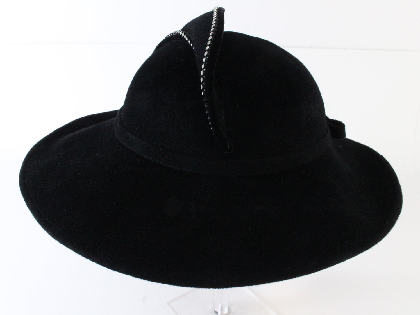 George Zamaul Vintage Ladies Fancy Hat Couture Black Felt W/ Rhinestones 7 56cm