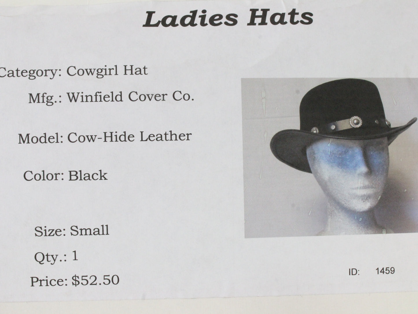 Winfield Cover Co Ladies Vintage Cowgirl Western Hat Cow Hide Leather SMALL