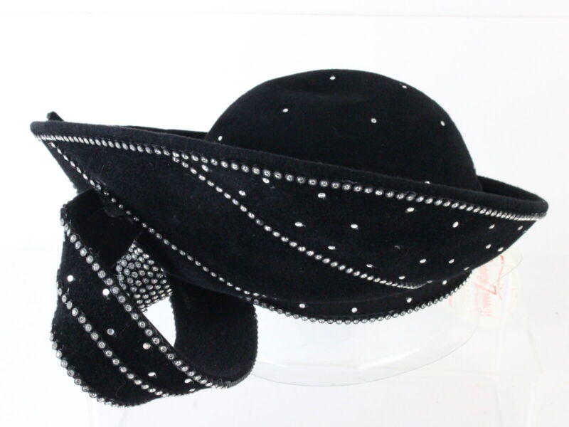 George Zamaul Couture Ladies Black Felt Boutique Hat W/ Rhinestones 7 56cm