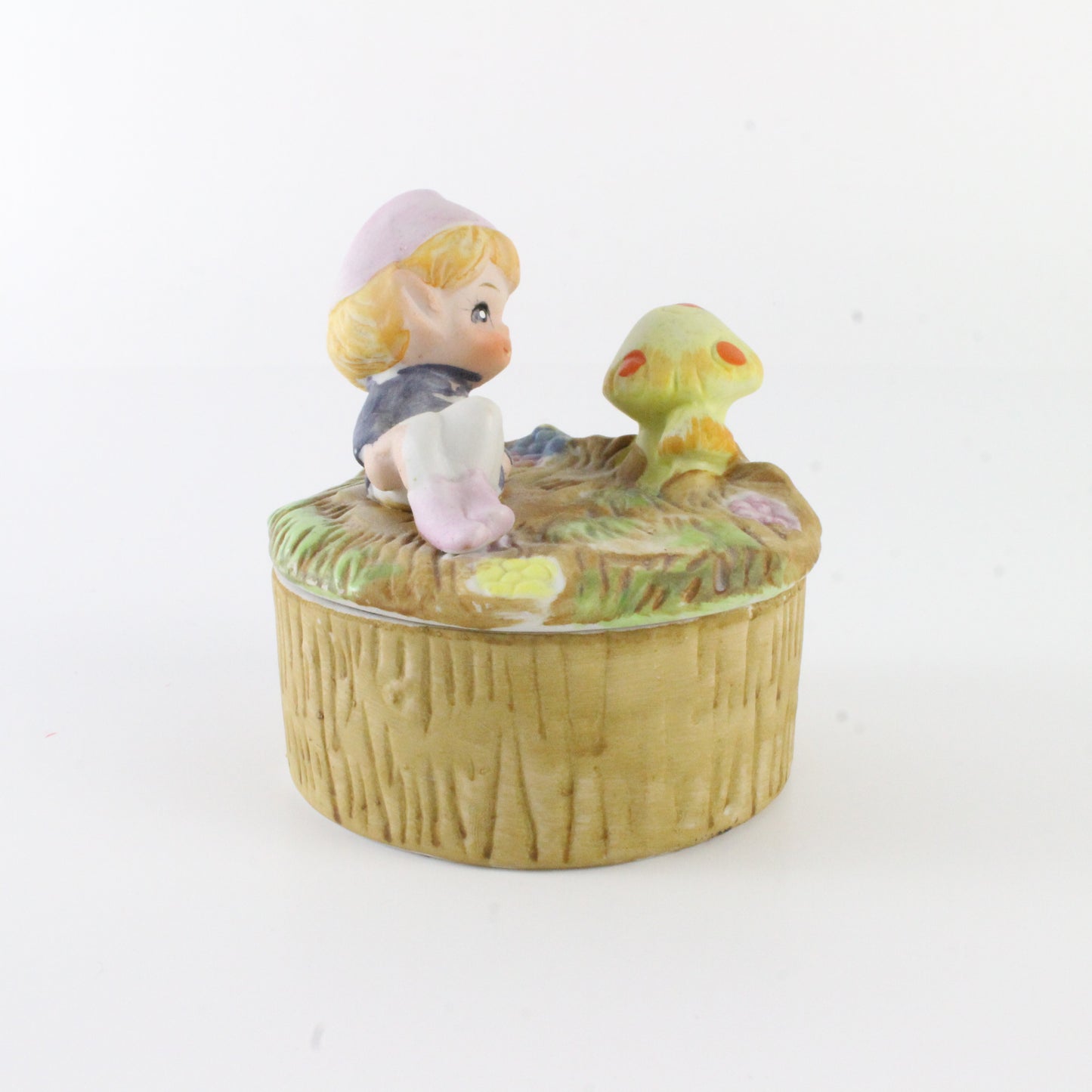 Vintage Pixie Elf With Mushroom Ceramic Trinket Box With Lid 3 In