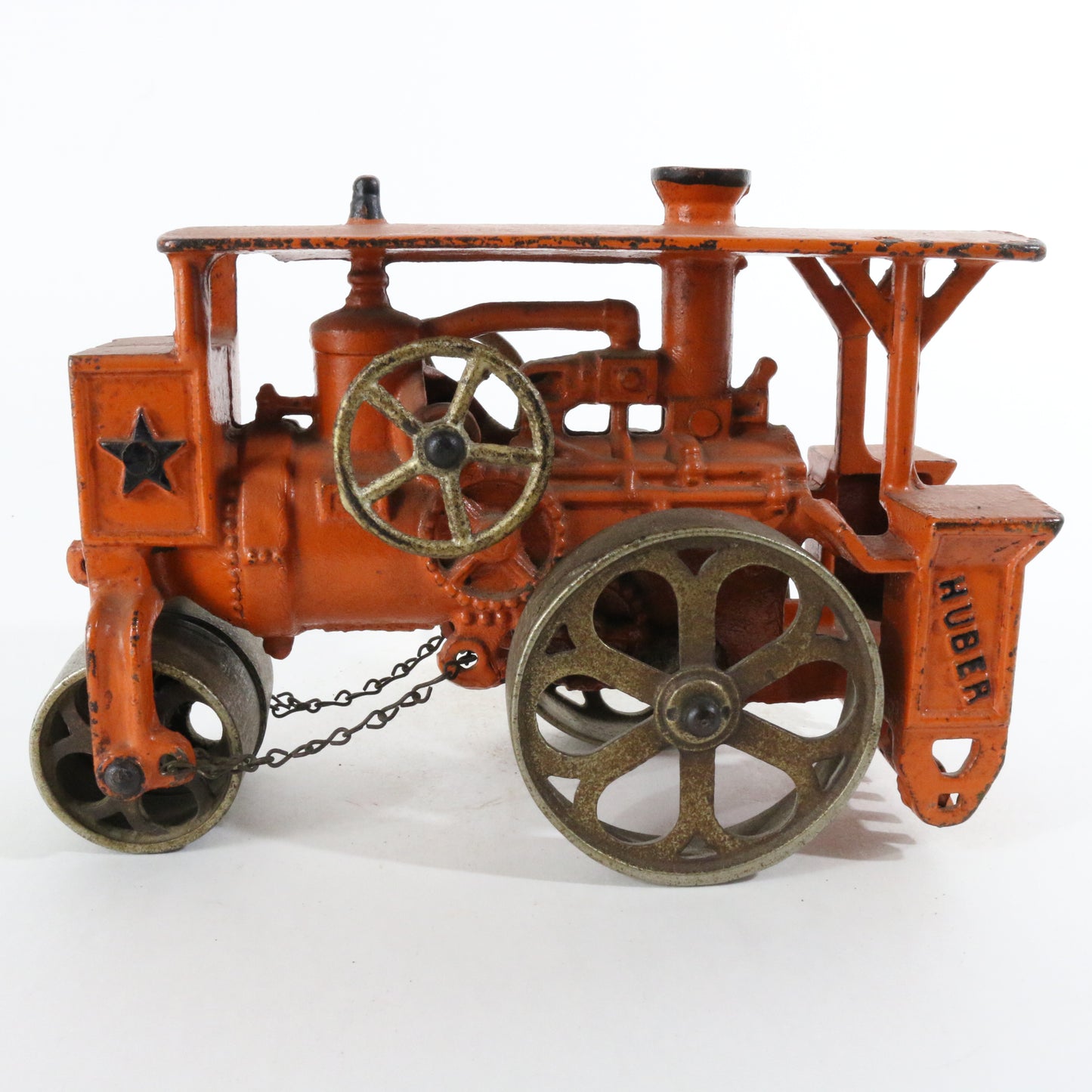 Antique Hubley Orange Huber Cast Iron Road Roller w/ Chain 7.75"