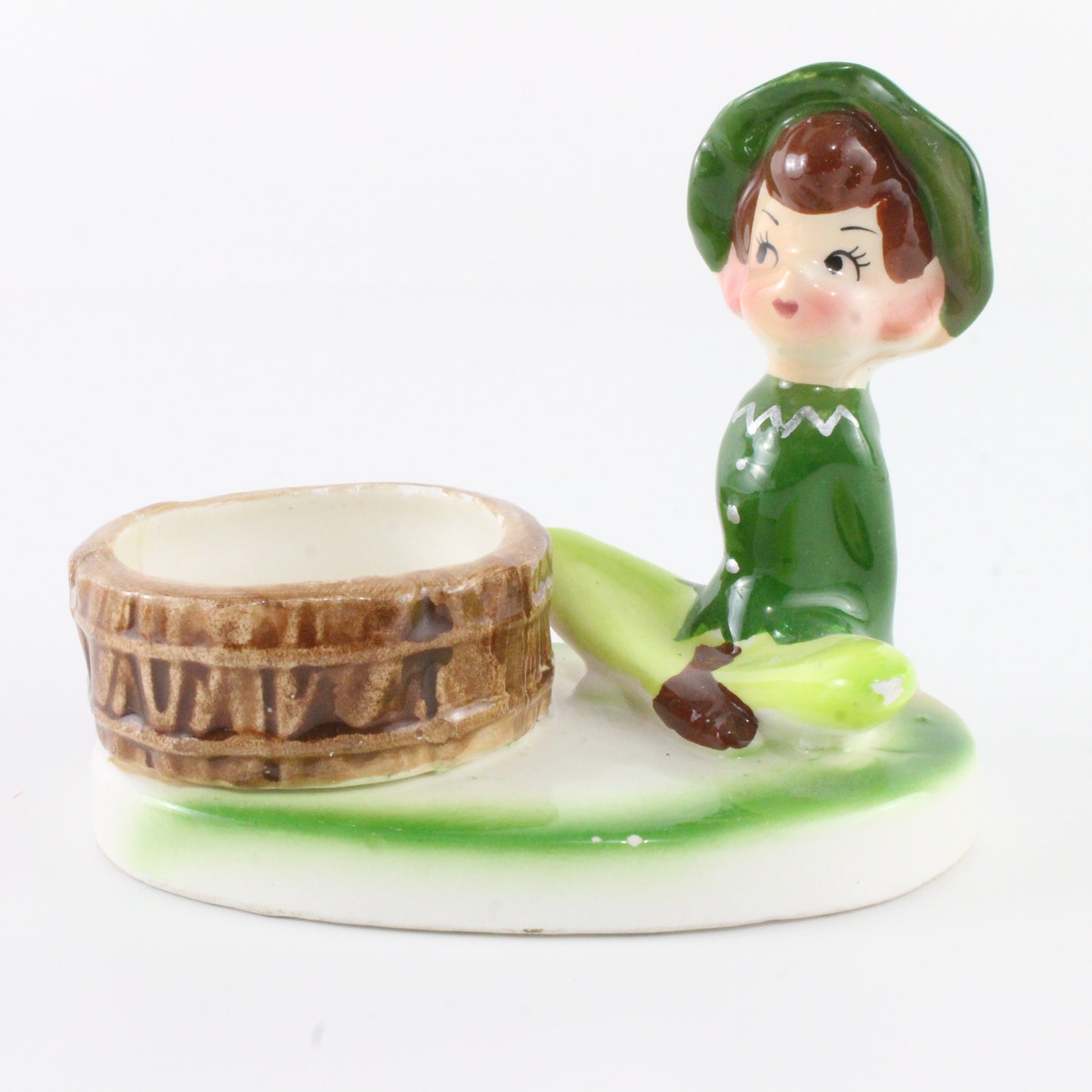 Vintage Ceramic Pixie W/ Hat Sitting Cross Leg Next To Barrel Enesco Japan 4 In