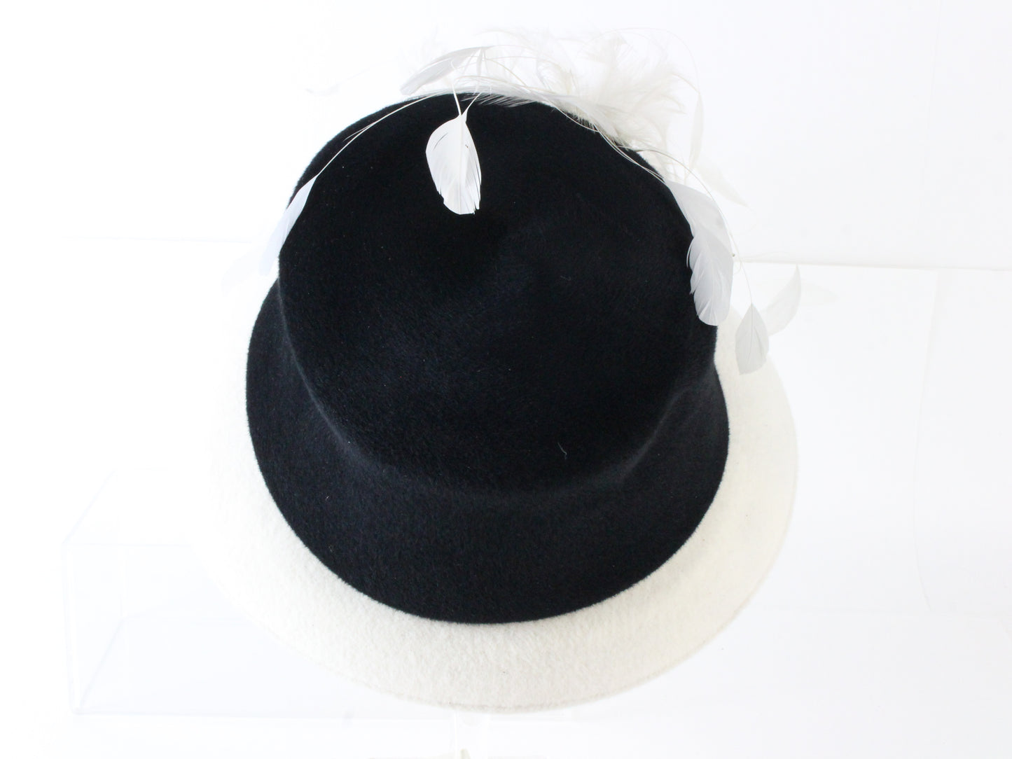 Peter Bettley Ladies Black and White Rabbit Fur Felt Hat W/ Feathers 7 1/8 57cm