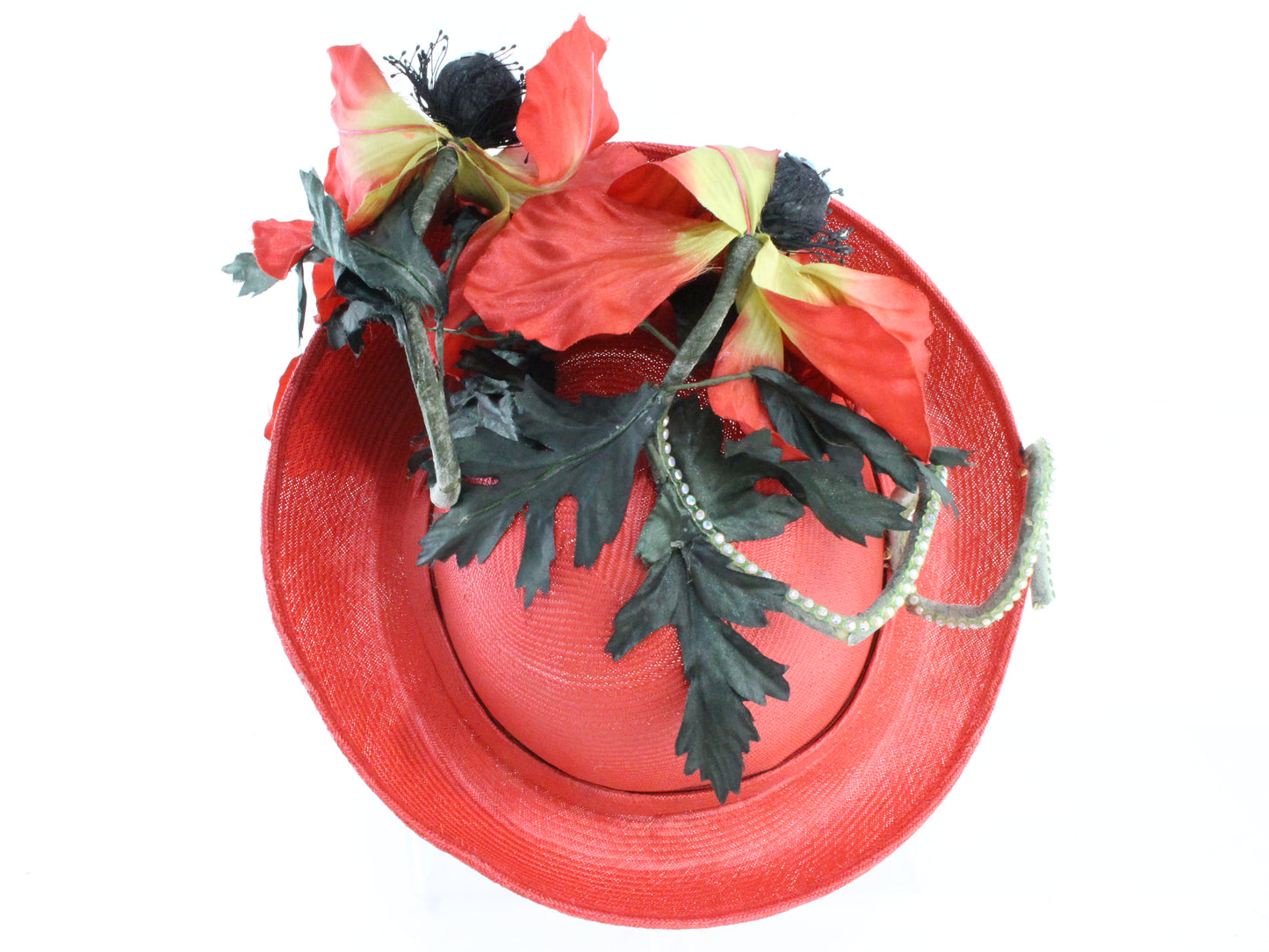 Jack Mcconnell New York Ladies Boutique Red Straw Like Hat W/ Flowers 7 1/8 57cm